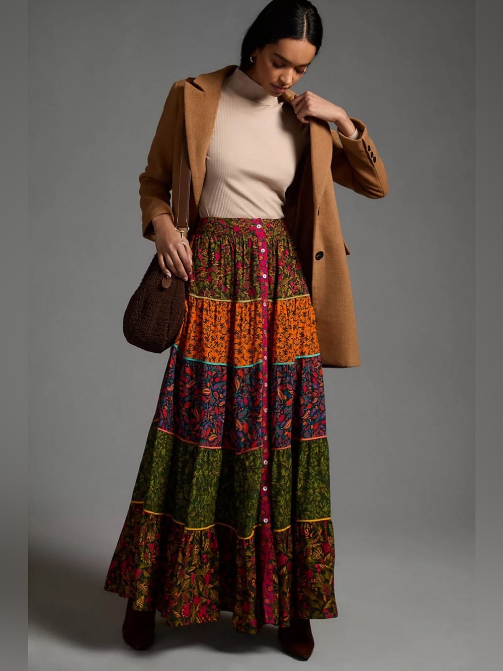 Farm Rio x ANTHROPOLOGIE Tiered Button-Front Maxi Skirt Pockets Boho Size Small